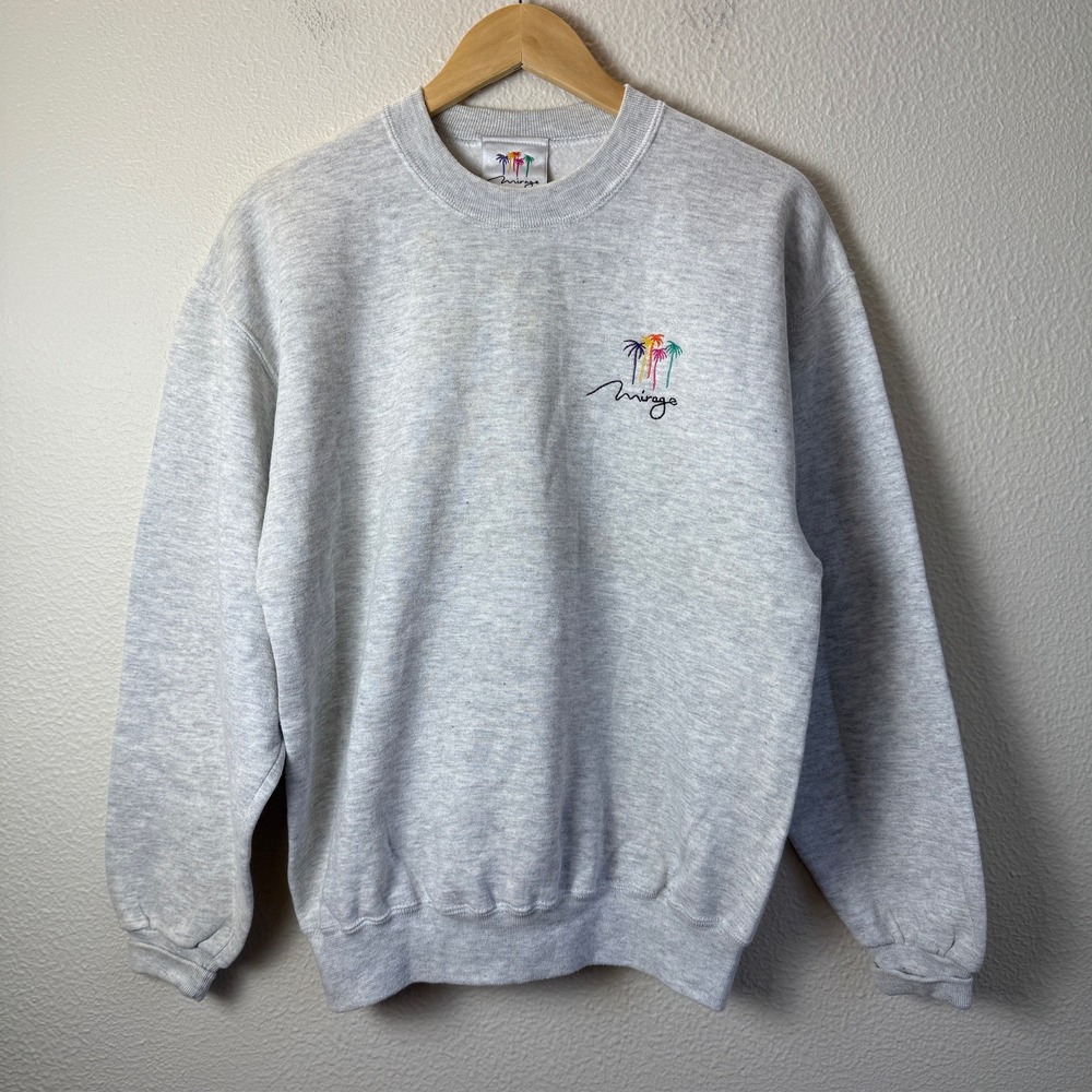 Mirage Sweatshirt Mens Medium Gray Good Vintage Palm Tree Embroidered Crewneck
